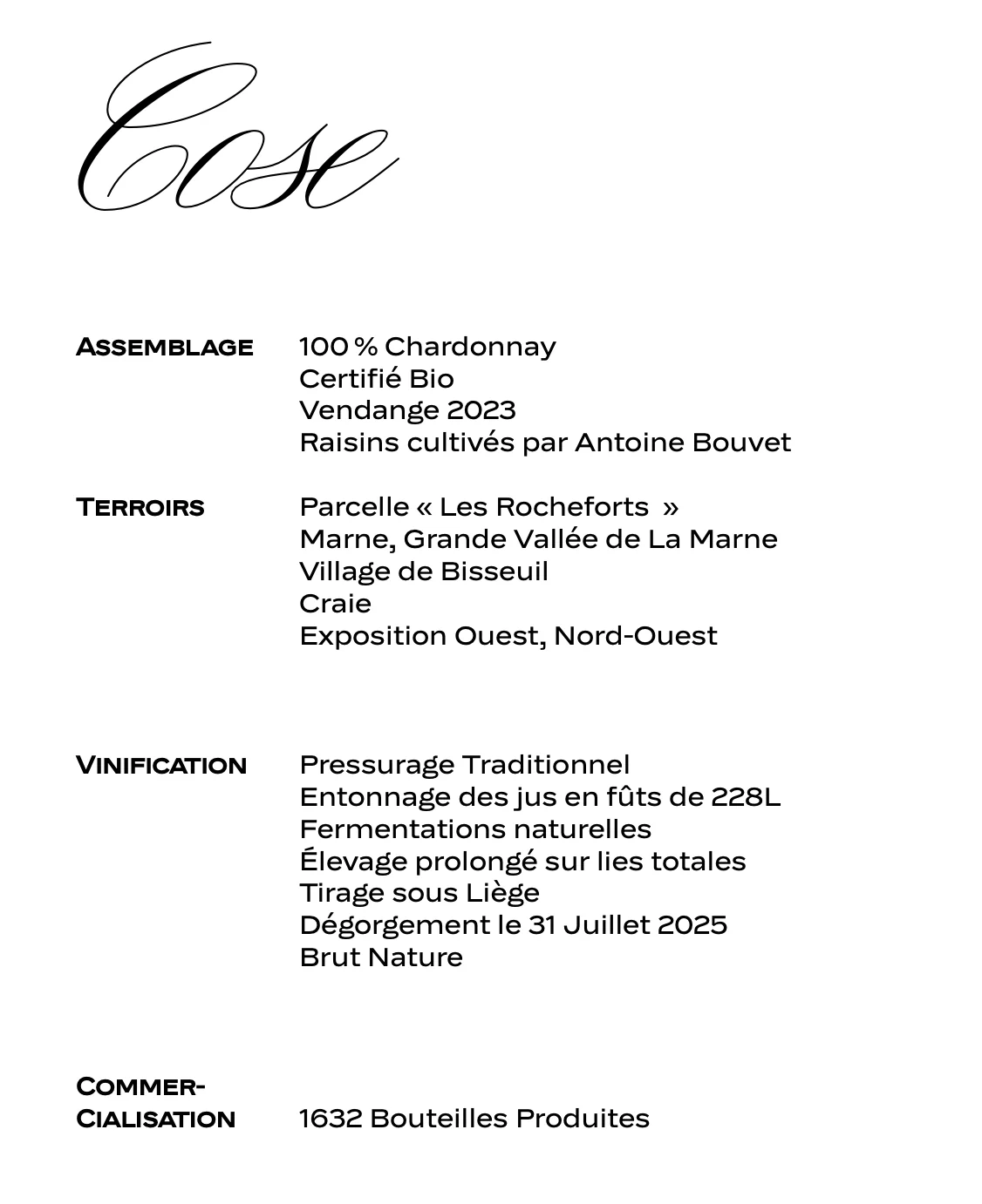 2023 Cose, Les Rocheforts Chardonnay Premier Cru, Bisseuil Champagne - Image 2